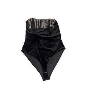 Forever 21 Black Velvet Rhinestone Fringe Strapless Bodysuit Womens 1XL New